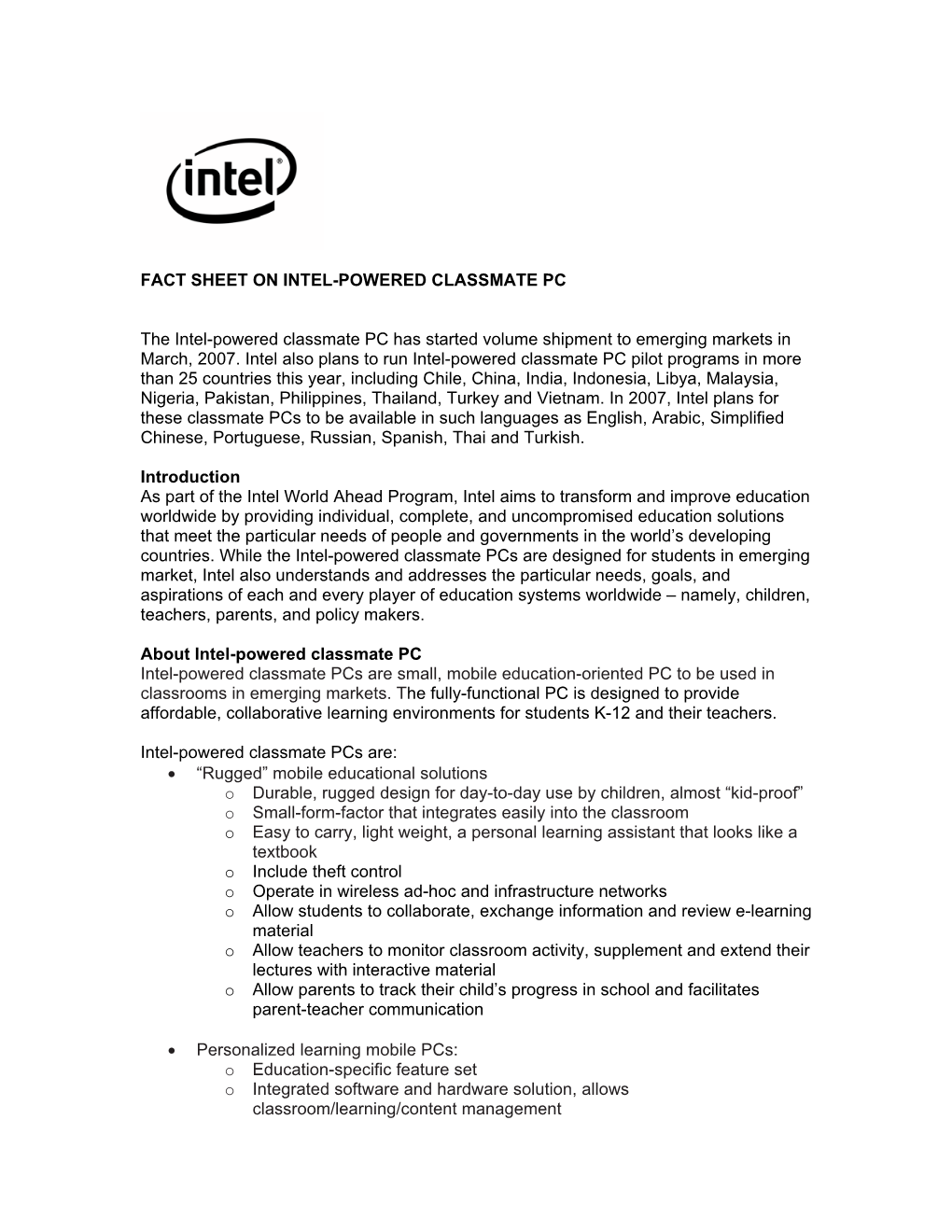 Intel-Powered Classmate PC Fact Sheet