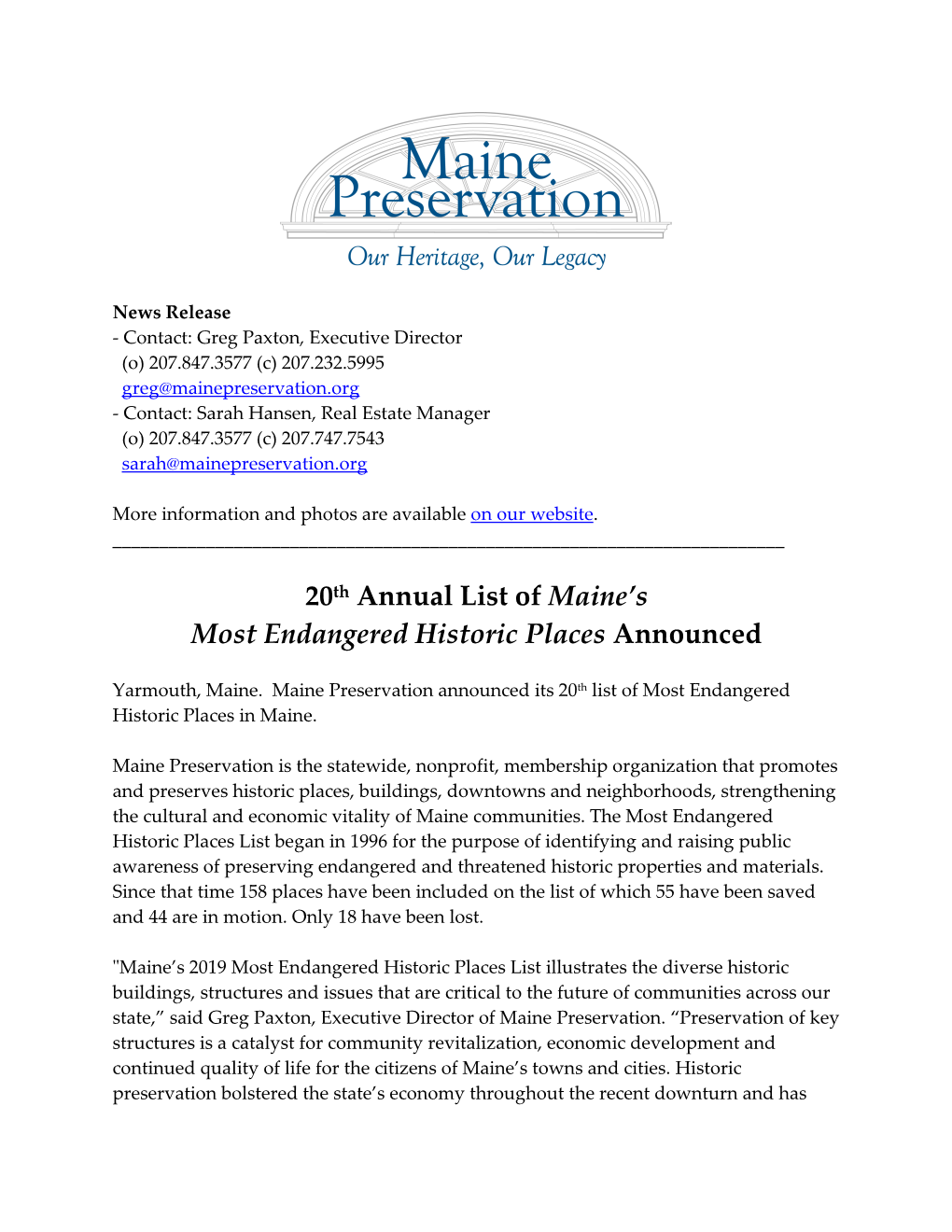 20Th Annual List of Maine's Most Endangered Historic Places