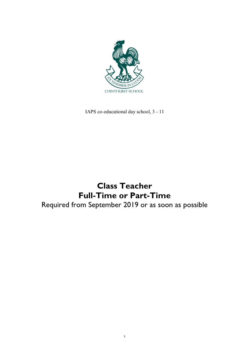 Class Teacher Full-Time Or Part-Time Required from September 2019 Or As Soon As Possible