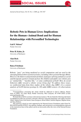 Robotic Pets in Human Lives: Implications for the Human–Animal Bond and for Human Relationships with Personified Technologies ∗ Gail F