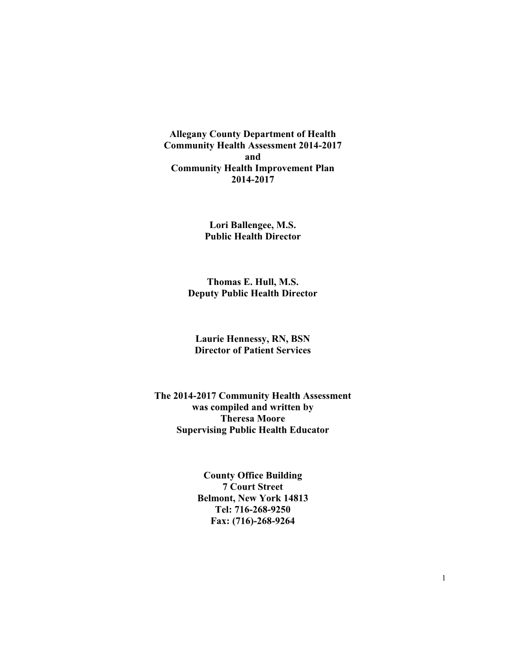 Allegany County Department of Health Community Health Assessment 2014-2017 and Community Health Improvement Plan 2014-2017