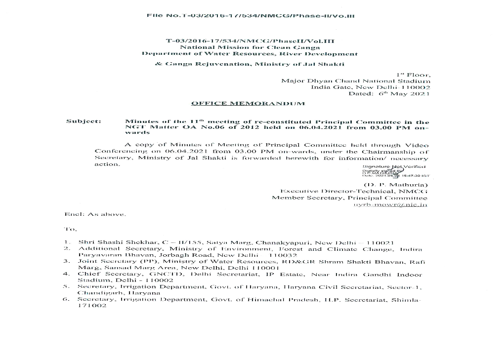 Meeting of the Re-Constituted Principal Committee Held on 06.04.2021 Through Video Conferencing in Compliance to the Directions of Hon’Ble NGT in the Matter OA No