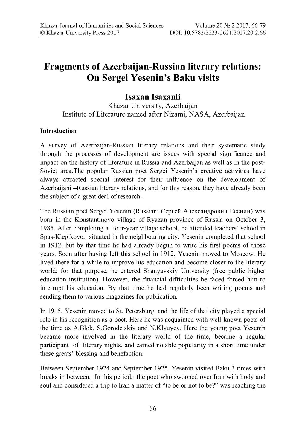 On Sergei Yesenin's Baku Visits
