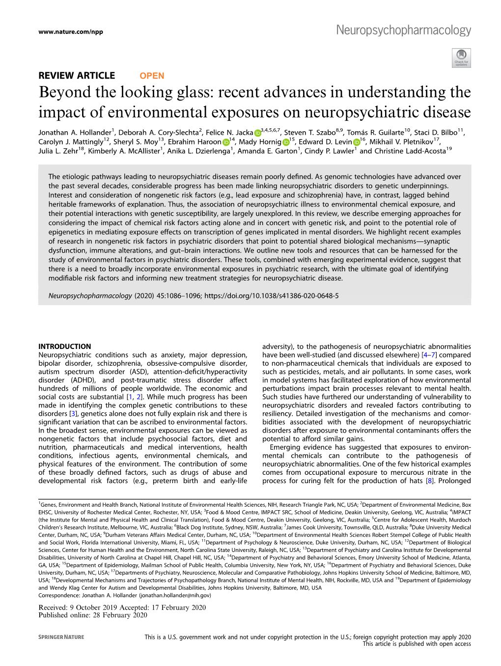 Recent Advances in Understanding the Impact of Environmental Exposures on Neuropsychiatric Disease