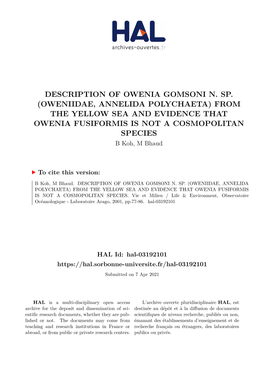 (OWENIIDAE, ANNELIDA POLYCHAETA) from the YELLOW SEA and EVIDENCE THAT OWENIA FUSIFORMIS IS NOT a COSMOPOLITAN SPECIES B Koh, M Bhaud