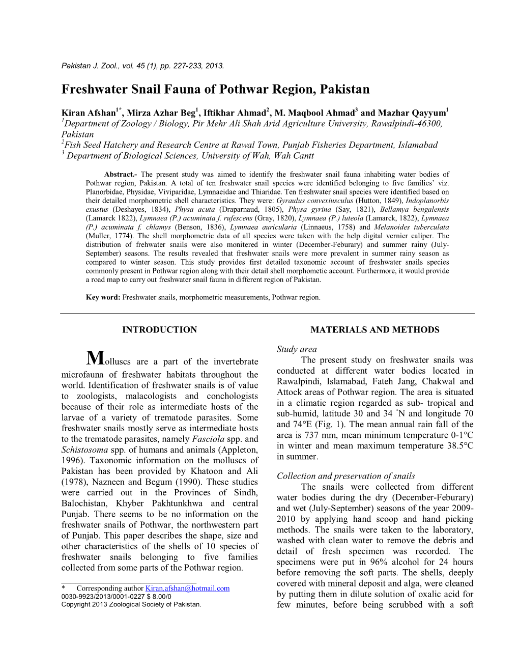 Freshwater Snail Fauna of Pothwar Region, Pakistan