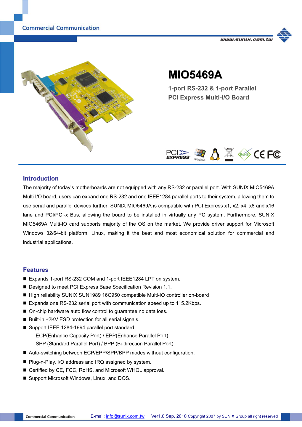 MIO5469A 1-Port RS-232 & 1-Port Parallel PCI Express Multi-I/O Board