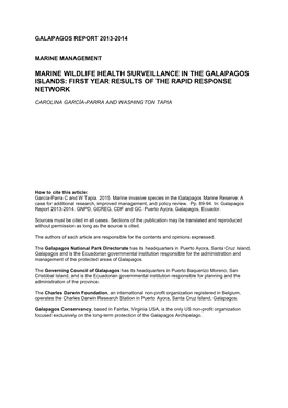 Marine Wildlife Health Surveillance in the Galapagos Islands: First Year Results of the Rapid Response Network
