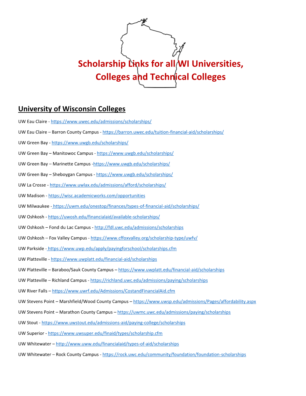 Scholarship Links for All WI Universities, Colleges and Technical Colleges