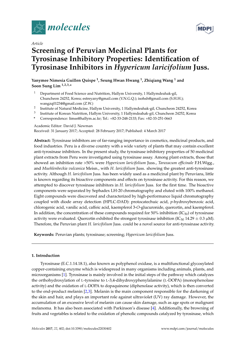 Screening of Peruvian Medicinal Plants for Tyrosinase Inhibitory Properties: Identiﬁcation of Tyrosinase Inhibitors in Hypericum Laricifolium Juss