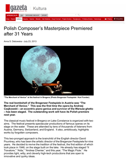 Polish Composer's Masterpiece Premiered After 31 Years
