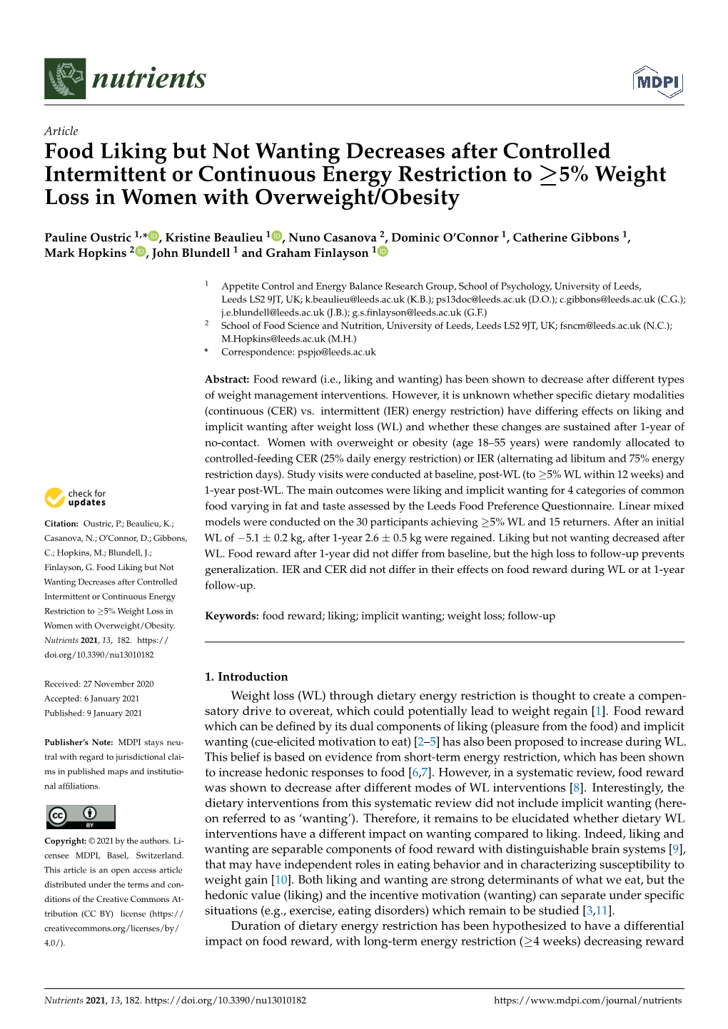 Food Liking but Not Wanting Decreases After Controlled Intermittent Or Continuous Energy Restriction to ≥5% Weight Loss in Women with Overweight/Obesity