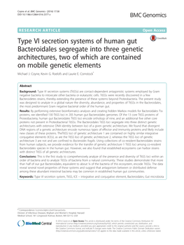 Type VI Secretion Systems of Human Gut Bacteroidales Segregate Into Three Genetic Architectures, Two of Which Are Contained on Mobile Genetic Elements Michael J