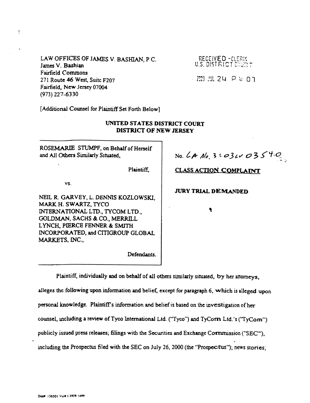 Rosemarie Stumpf, Et Al. V. Tyco International Ltd., Et Al. 03-CV