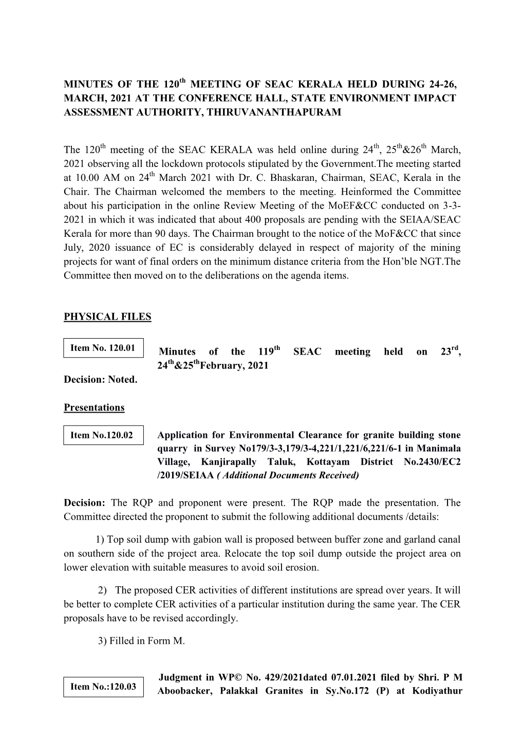 Minutes of the 120 Meeting of Seac Kerala Held During 24