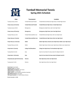 Tomball Memorial Tennis Spring 2021 Schedule