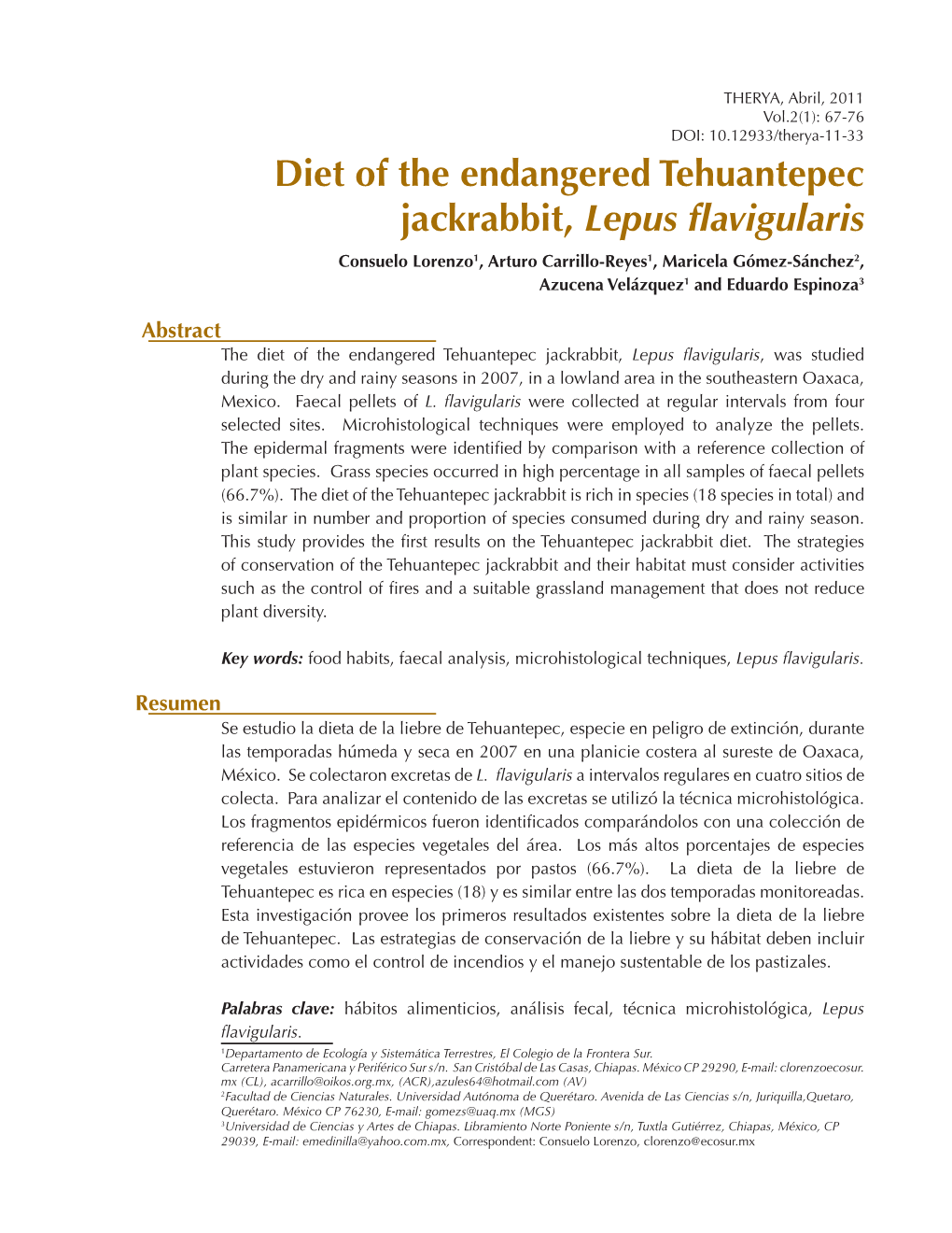 Diet of the Endangered Tehuantepec Jackrabbit, Lepus Flavigularis