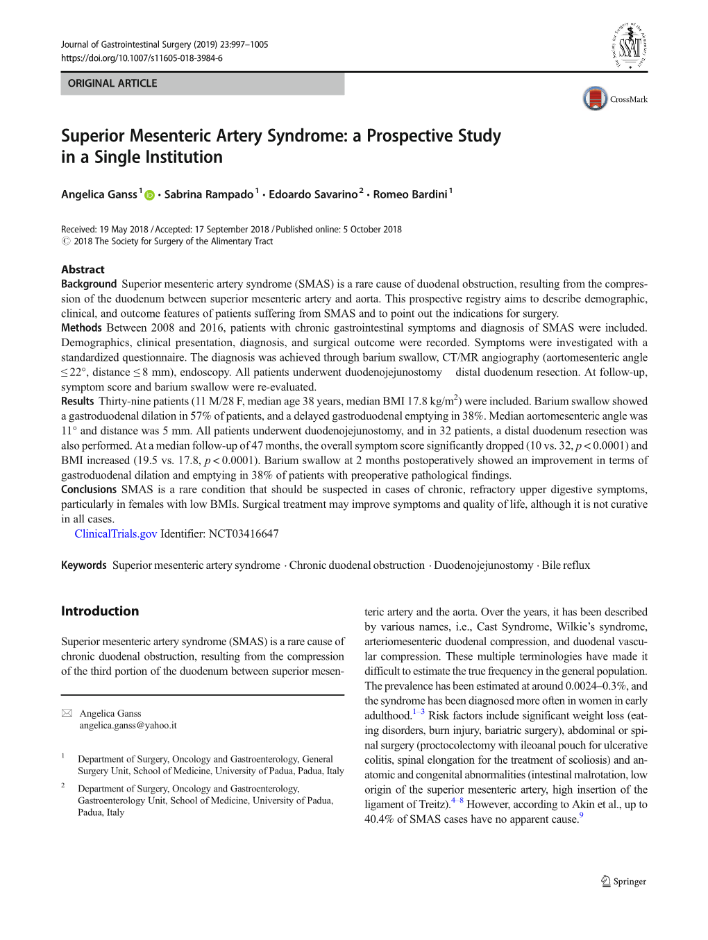 Superior Mesenteric Artery Syndrome: a Prospective Study in a Single Institution