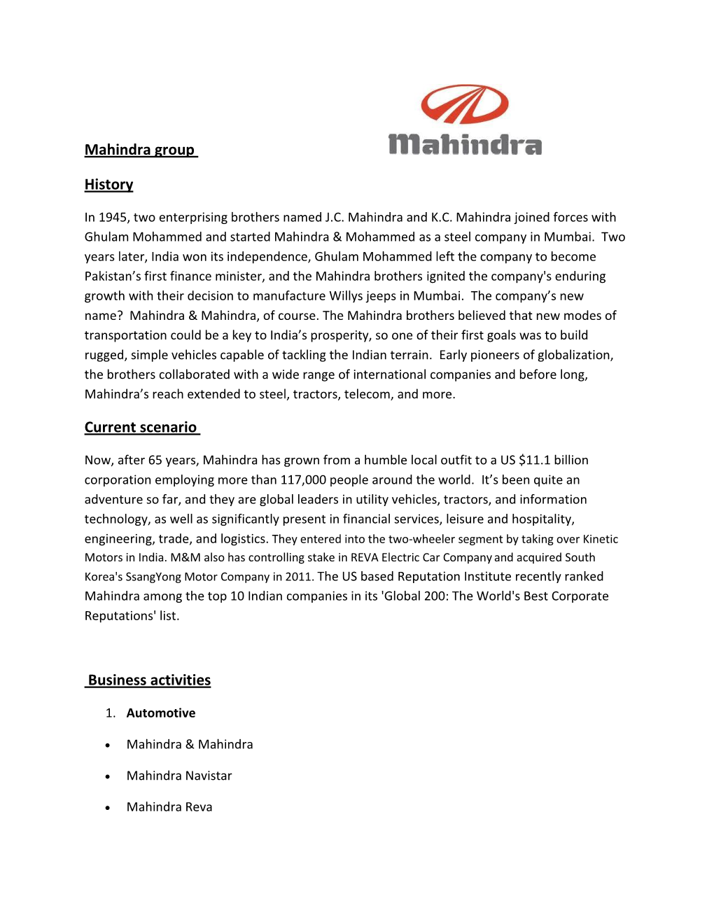 Mahindra Group History Current Scenario Business Activities