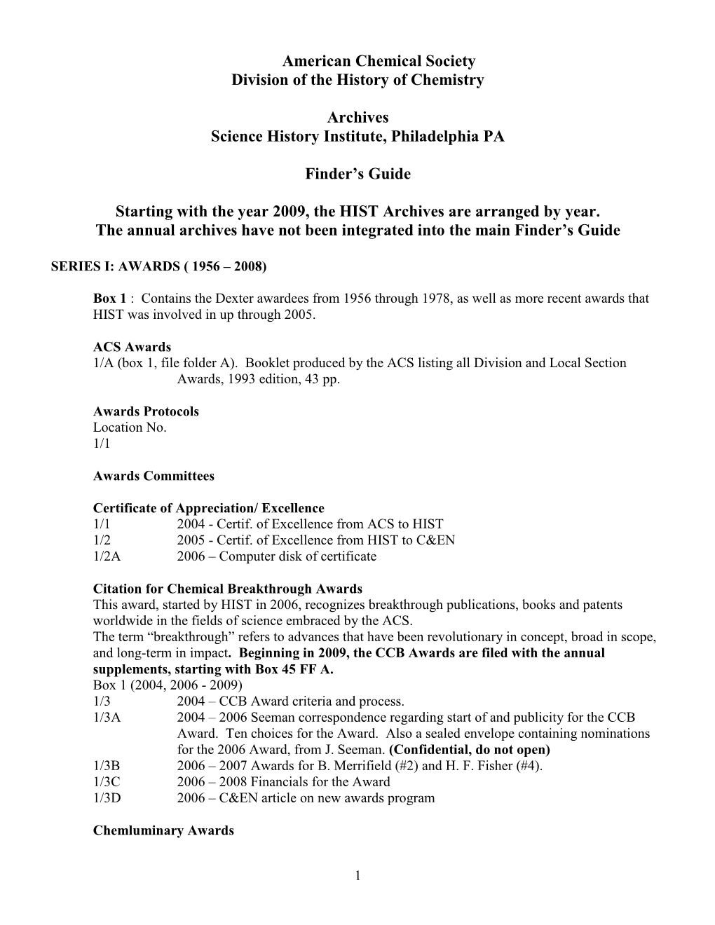 American Chemical Society Division of the History of Chemistry Archives