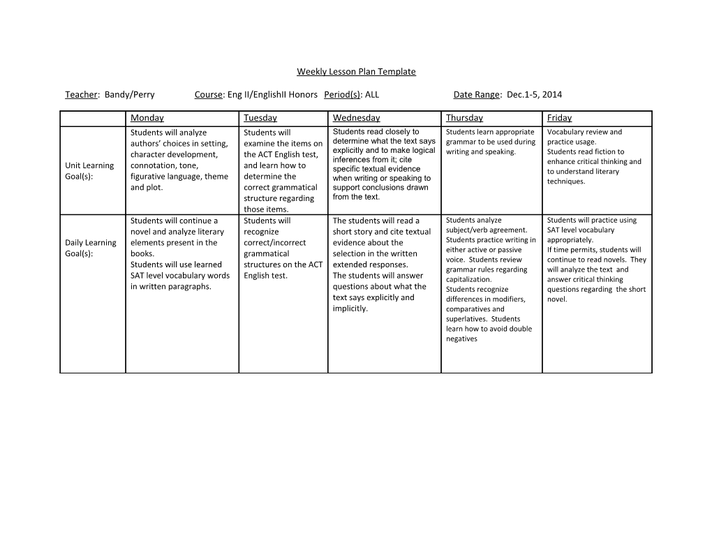 Weekly Lesson Plan Template