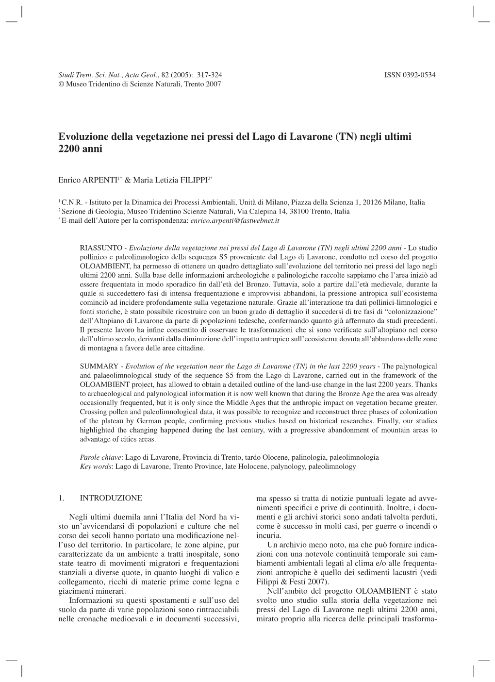 Evoluzione Della Vegetazione Nei Pressi Del Lago Di Lavarone (TN) Negli Ultimi 2200 Anni