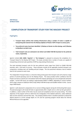 Completion of Transport Study for the Mackay Project