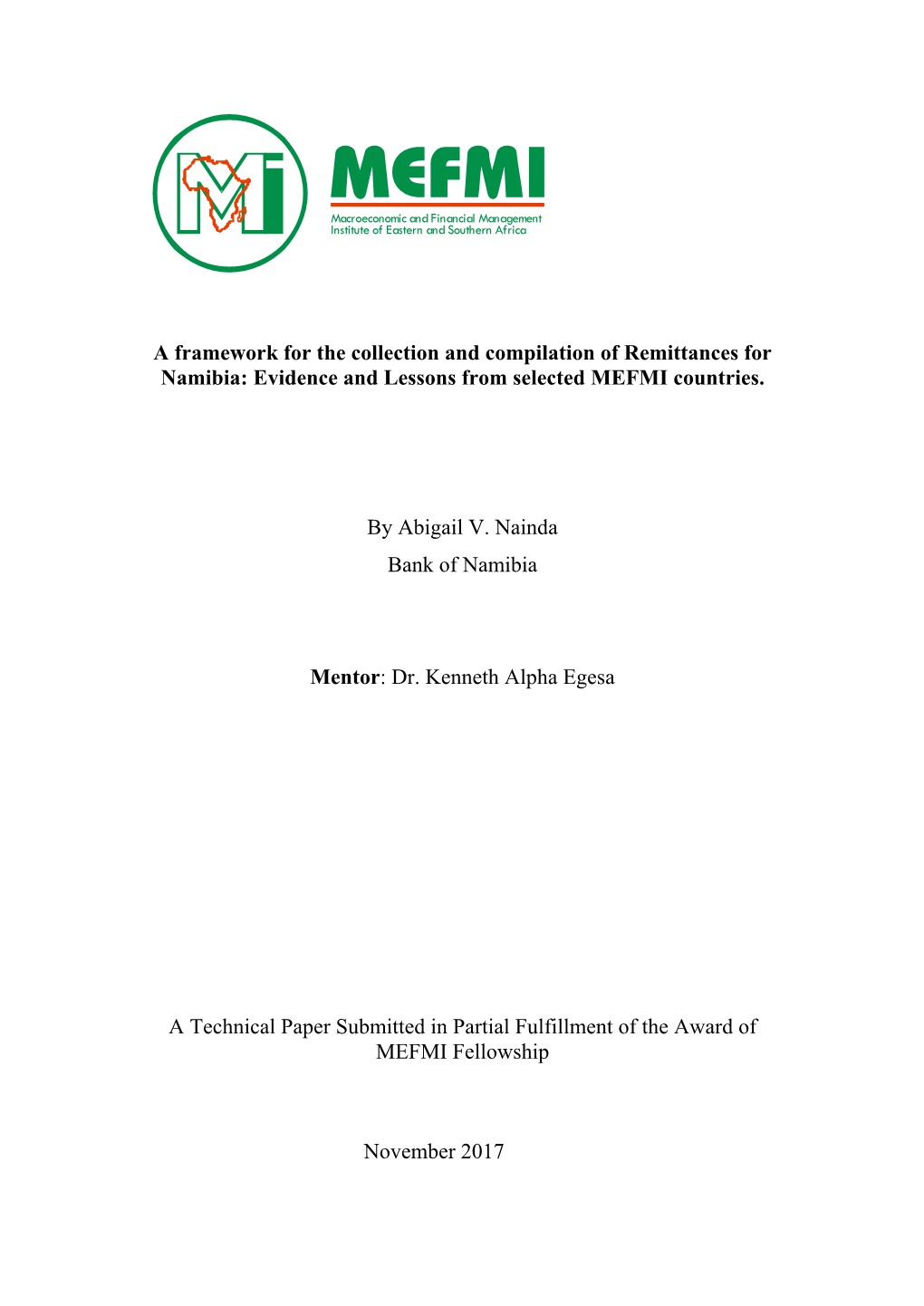 A Framework for the Collection and Compilation of Remittances for Namibia: Evidence and Lessons from Selected MEFMI Countries
