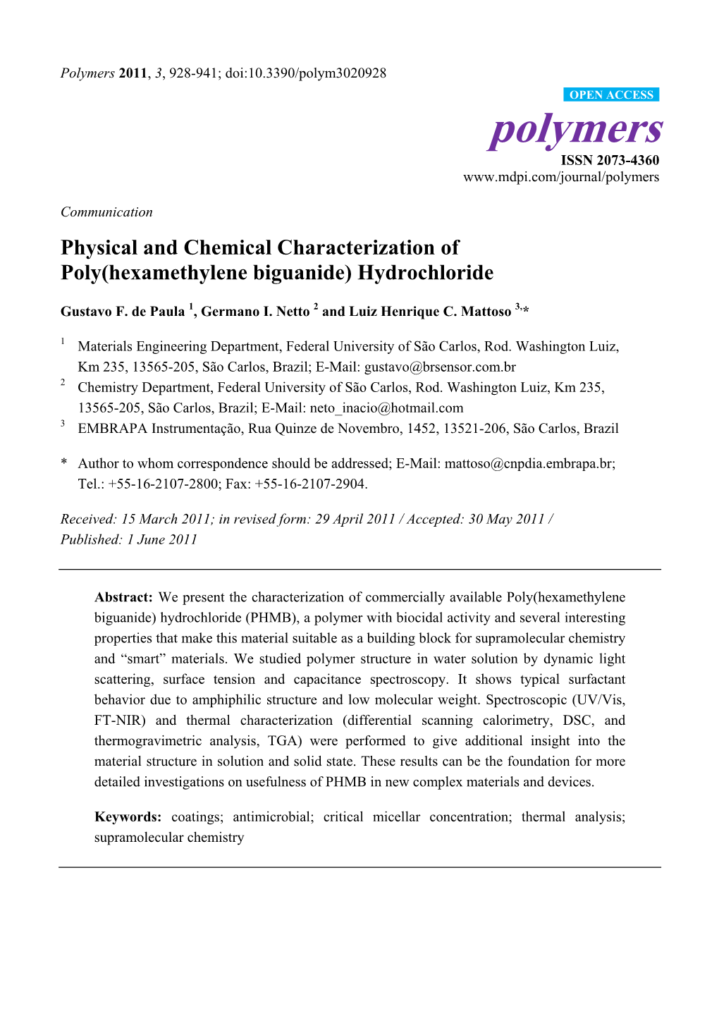 Physical and Chemical Characterization of Poly(Hexamethylene Biguanide) Hydrochloride