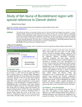 Study of Fish Fauna of Bundelkhand Region with Special Reference to Damoh District