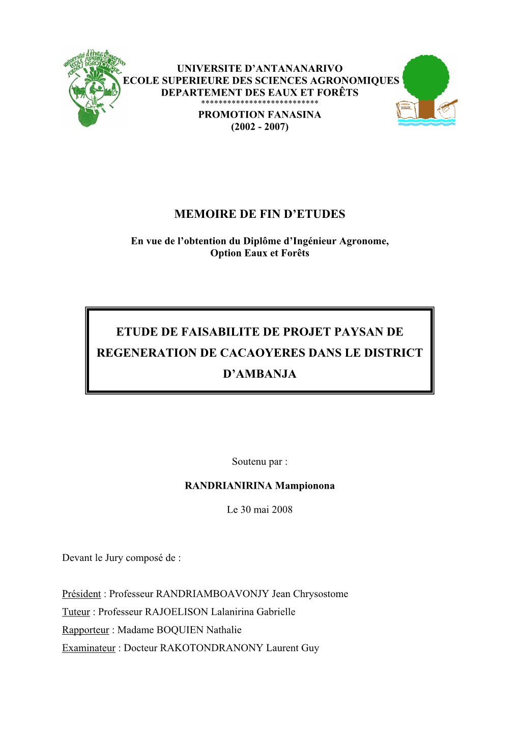 Etude De Faisabilité De Projet Paysan De Régénération De Cacaoyères