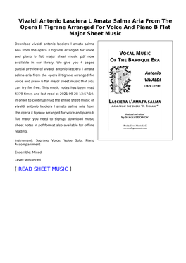 Vivaldi Antonio Lasciera L Amata Salma Aria from the Opera Il Tigrane Arranged for Voice and Piano B Flat Major Sheet Music