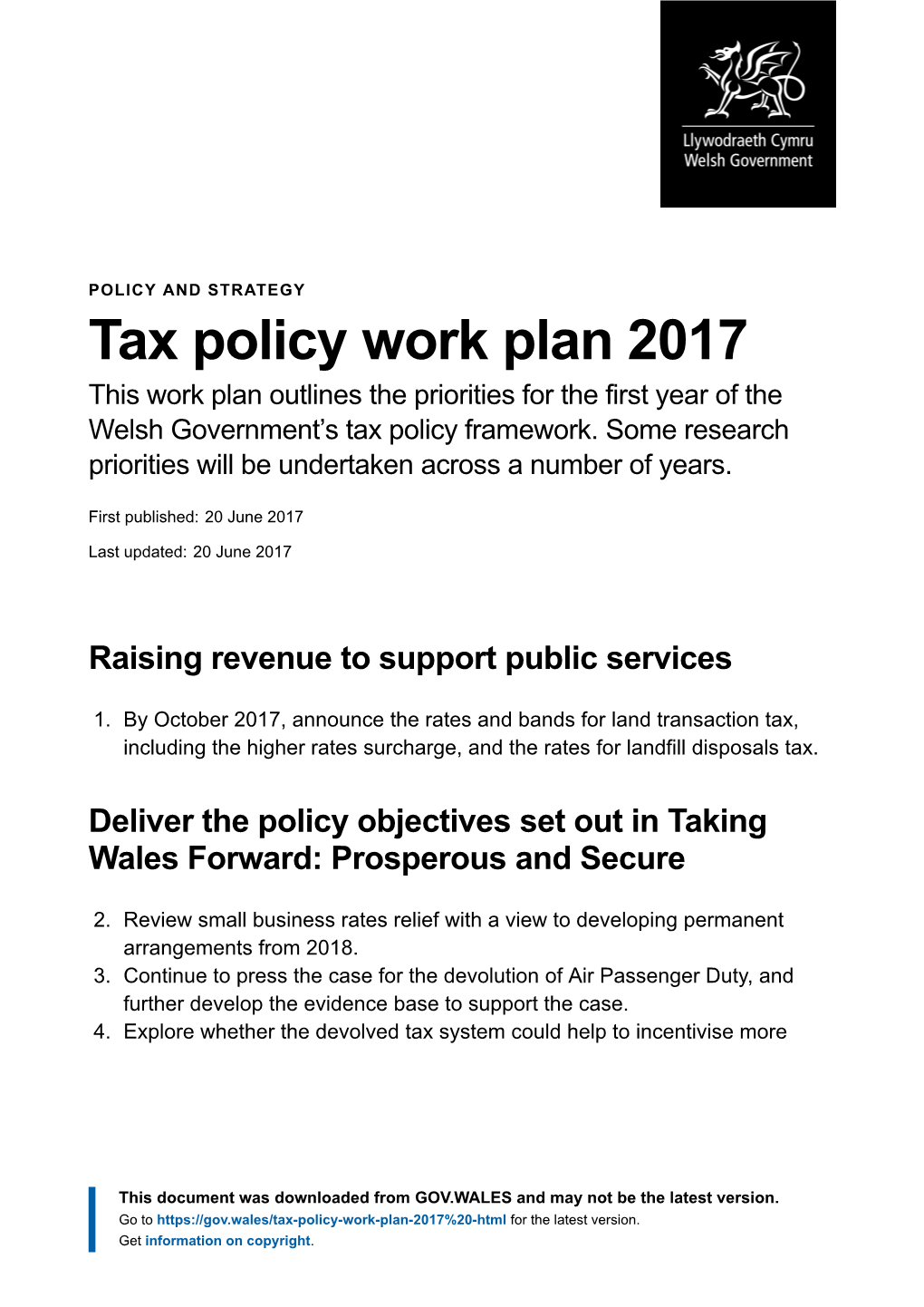 Tax Policy Work Plan 2017 | GOV.WALES