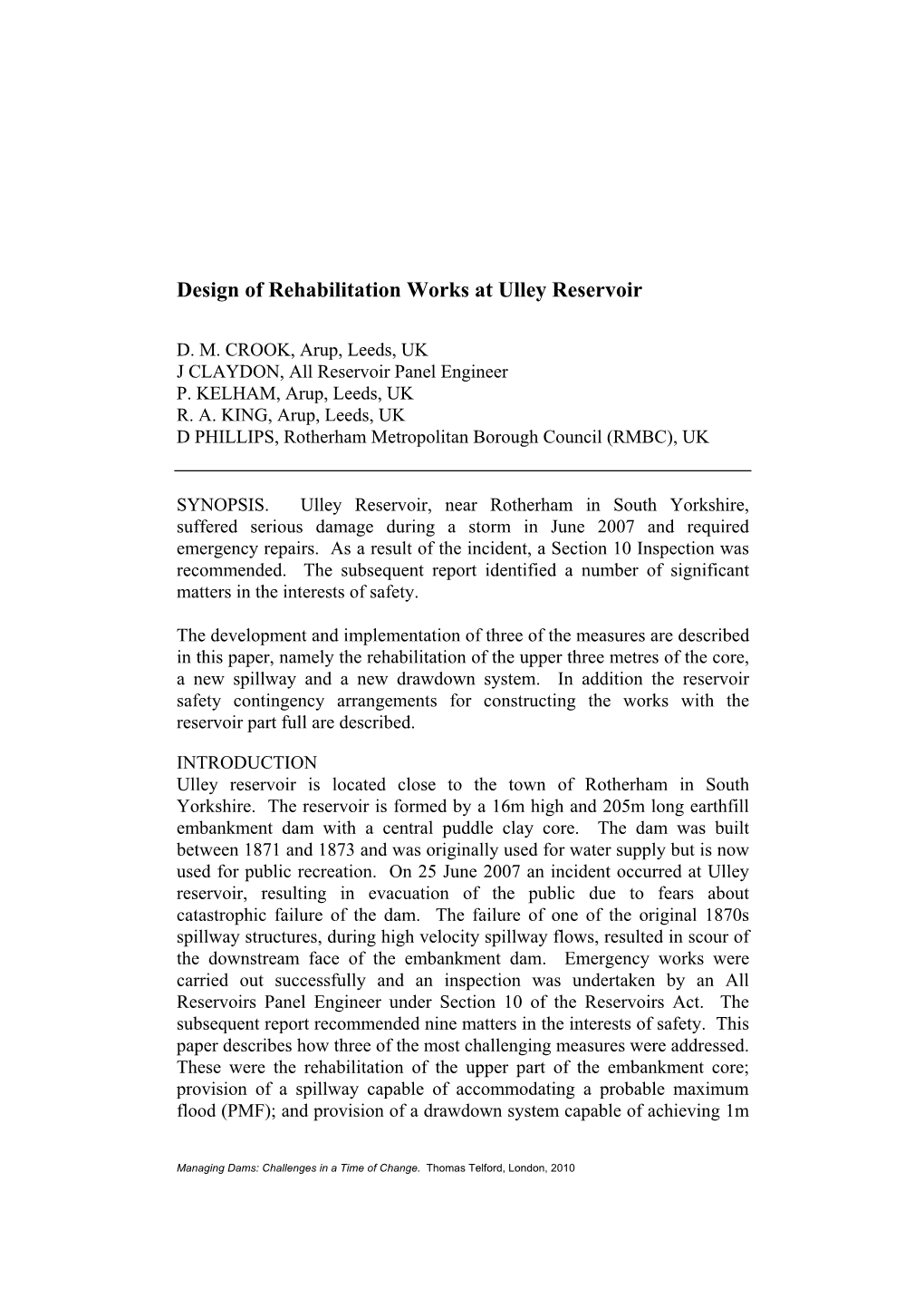 5.4 Design of Rehabilitation Works at Ulley Reservoir