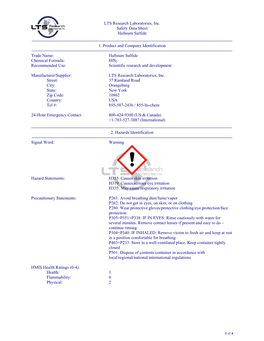 LTS Research Laboratories, Inc. Safety Data Sheet Hafnium Sulfide –––––––––––––––––––– 1