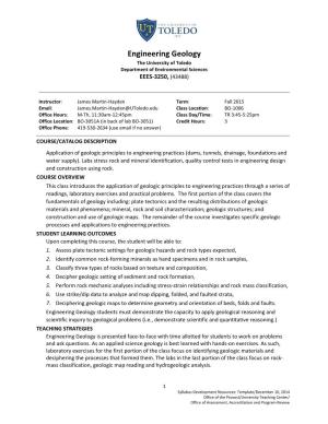 Engineering Geology the University of Toledo Department of Environmental Sciences EEES-3250, (43488)