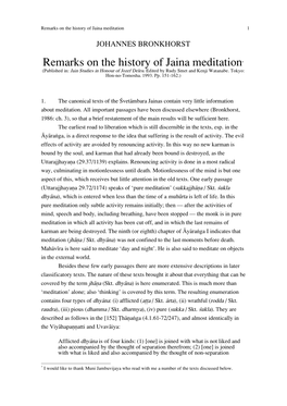 Remarks on the History of Jaina Meditation* (Published In: Jain Studies in Honour of Jozef Deleu