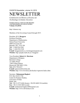 Newsletter, Volume 14, 2015 NEWSLETTER Commission on History of Science & Technology in Islamic Societies