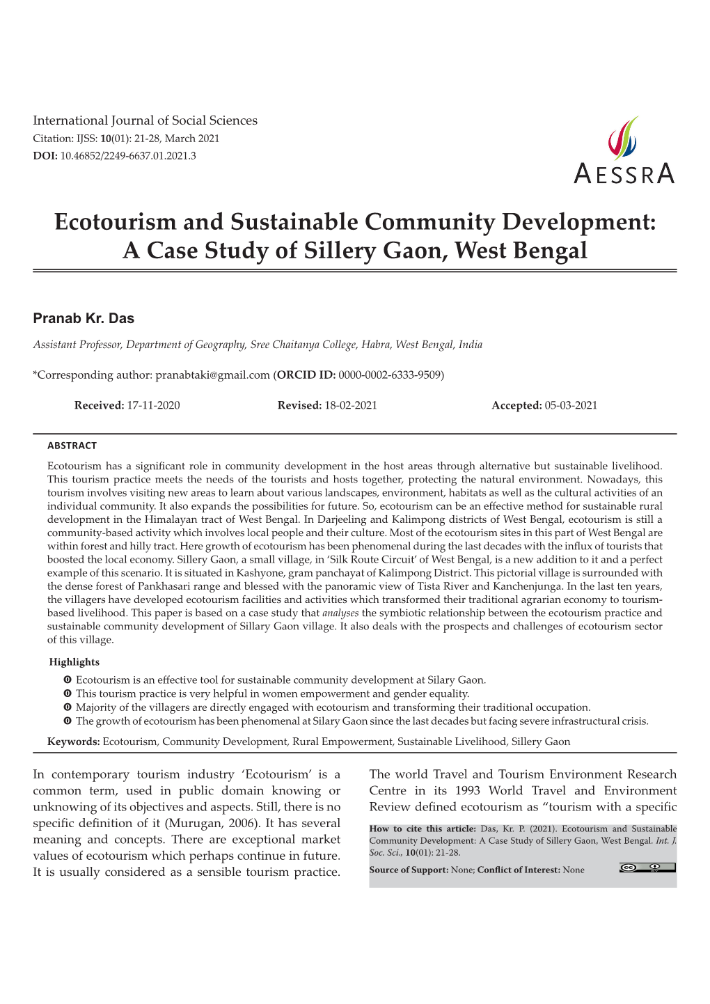 Ecotourism and Sustainable Community Development: a Case Study of Sillery Gaon, West Bengal