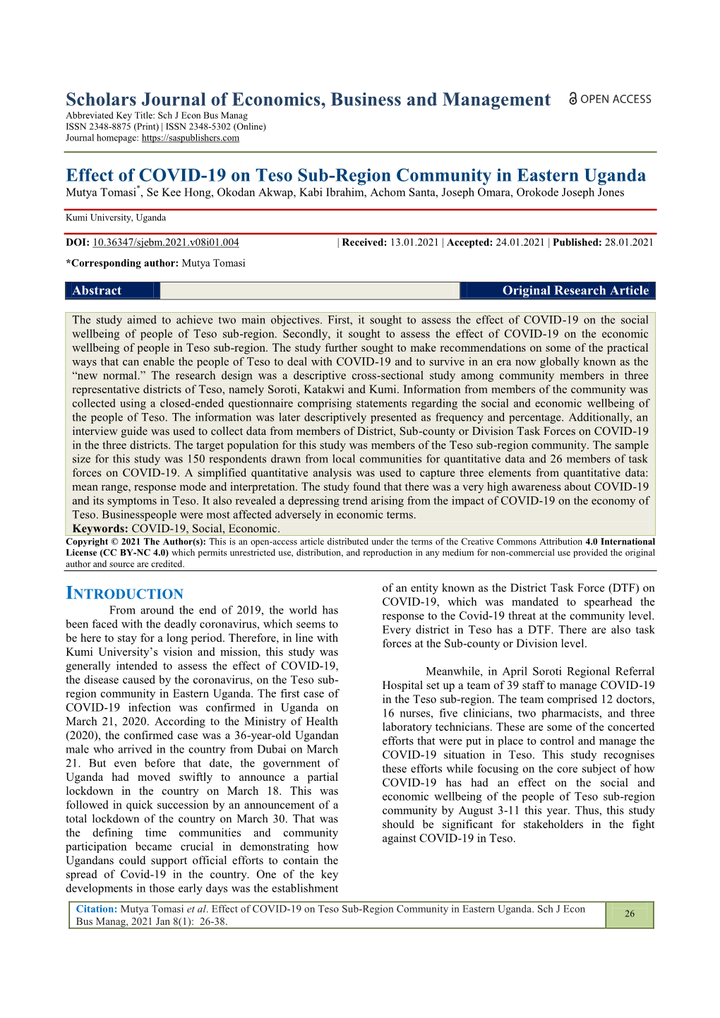 Effect of COVID-19 on Teso Sub-Region Community in Eastern