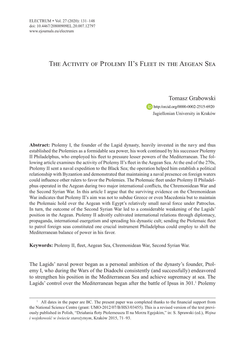 The Activity of Ptolemy II's Fleet in the Aegean