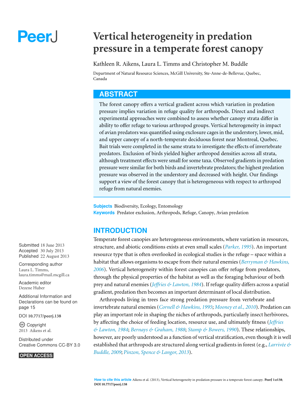 Vertical Heterogeneity in Predation Pressure in a Temperate Forest Canopy