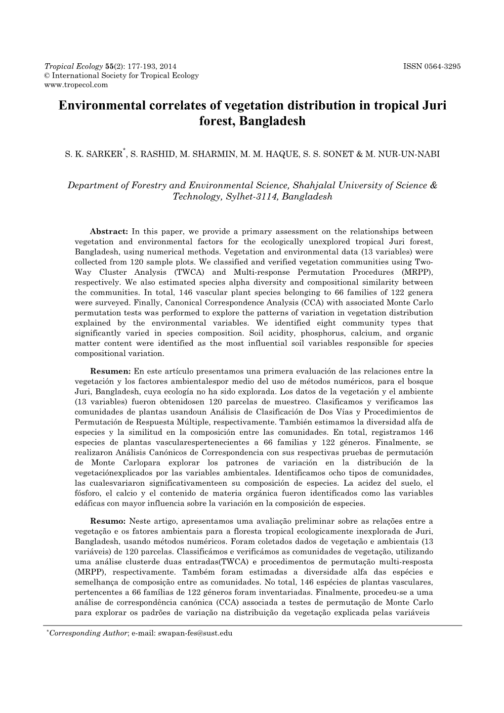 Environmental Correlates of Vegetation Distribution in Tropical Juri Forest, Bangladesh