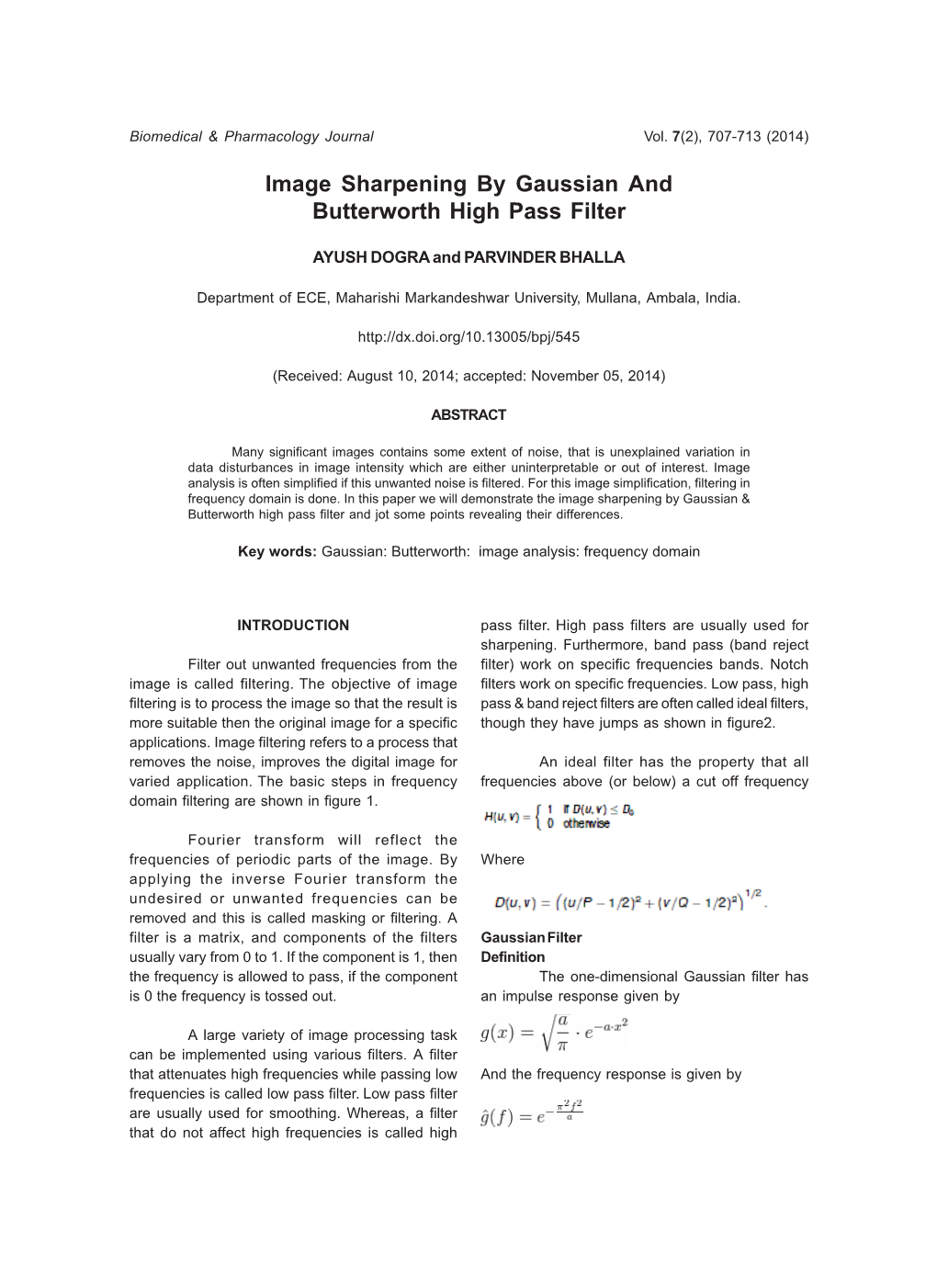 Image Sharpening by Gaussian and Butterworth High Pass Filter