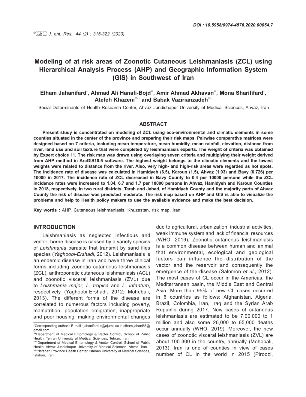 Modeling of at Risk Areas of Zoonotic Cutaneous Leishmaniasis (ZCL