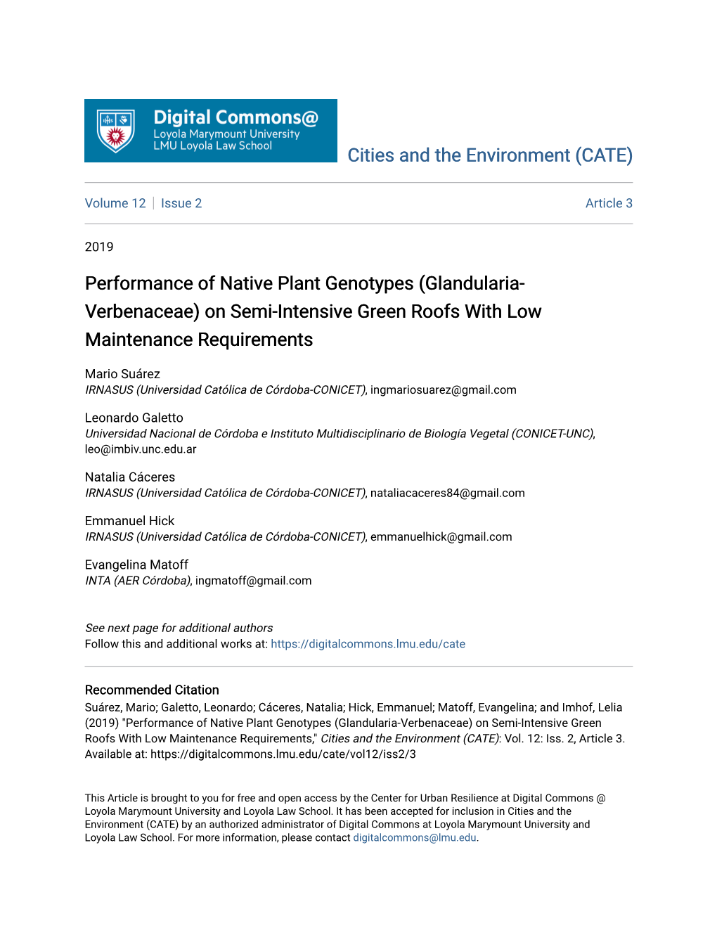 (Glandularia-Verbenaceae) on Semi-Intensive Green Roofs with Low Maintenance Requirements," Cities and the Environment (CATE): Vol