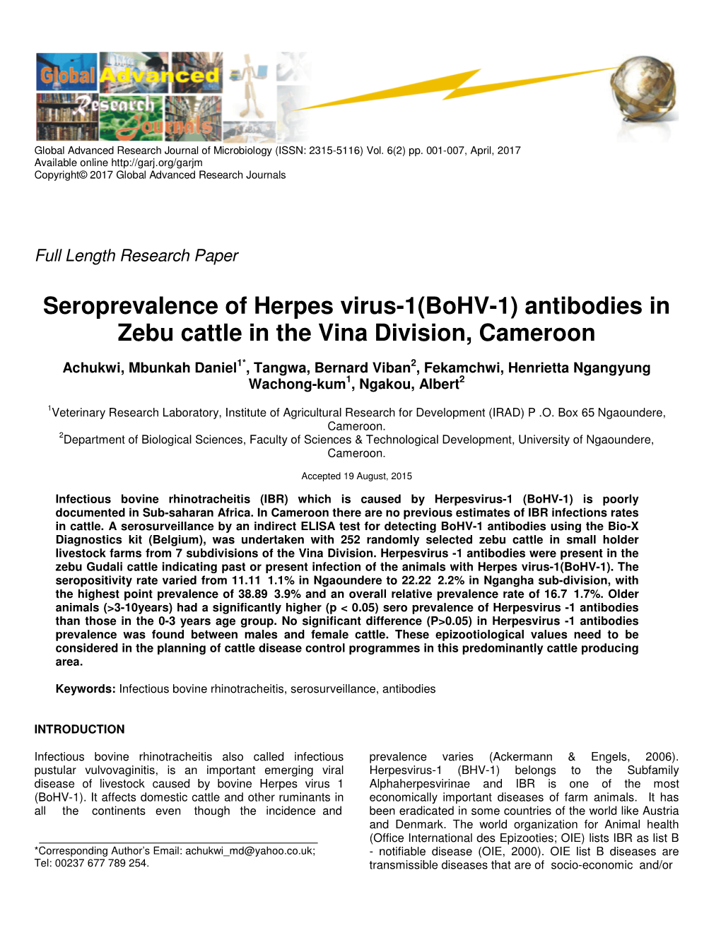 Seroprevalence of Herpes Virus-1(Bohv-1) Antibodies in Zebu Cattle in the Vina Division, Cameroon