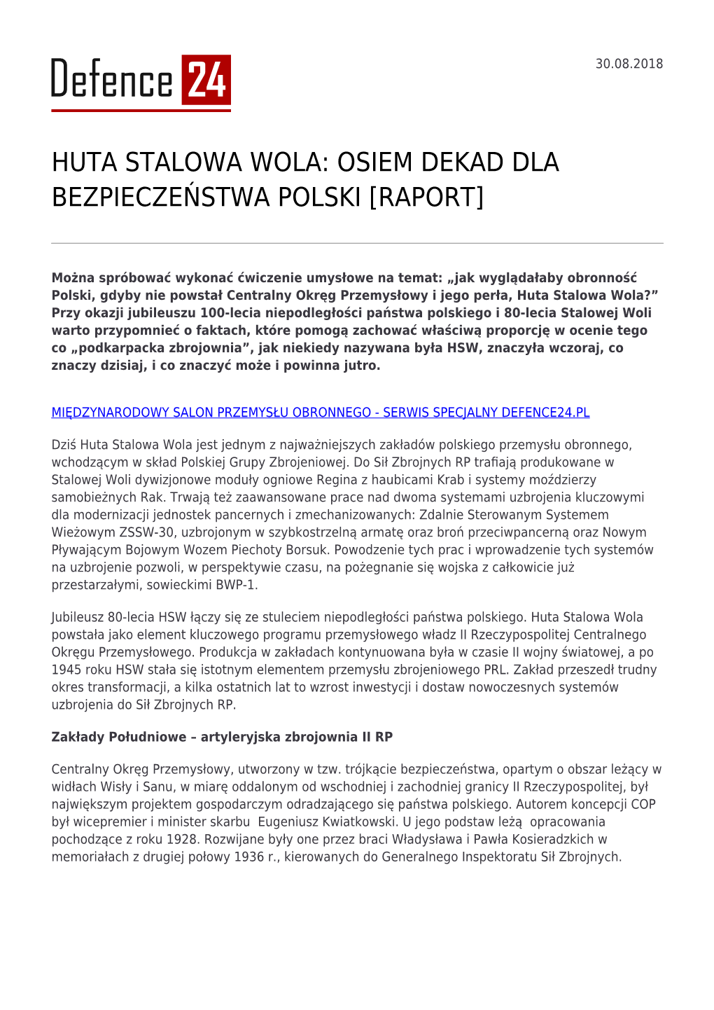 Huta Stalowa Wola: Osiem Dekad Dla Bezpieczeństwa Polski [Raport]