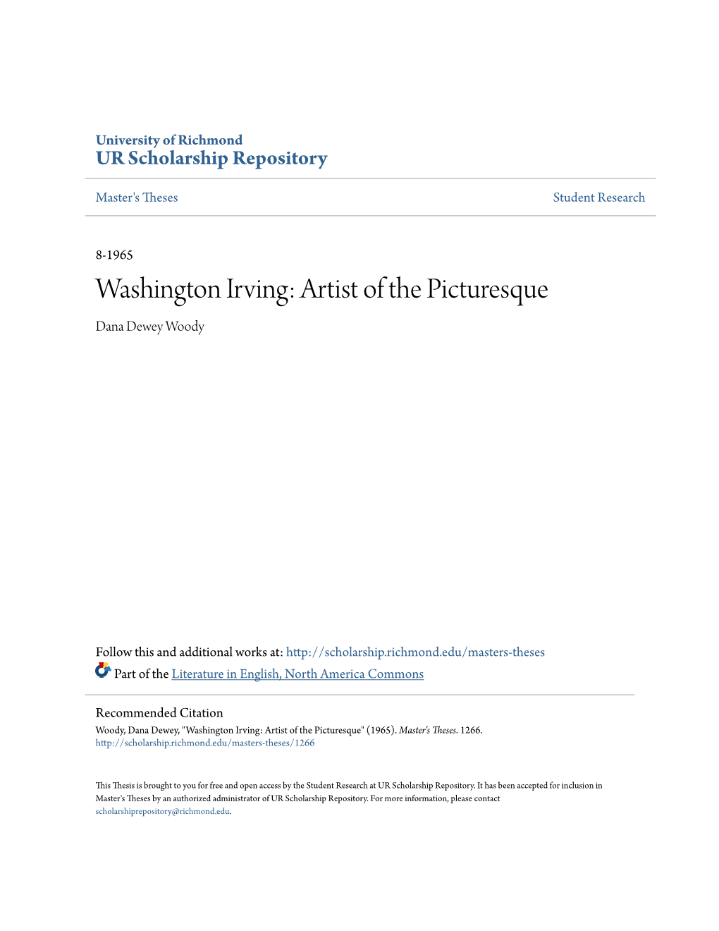 Washington Irving: Artist of the Picturesque Dana Dewey Woody