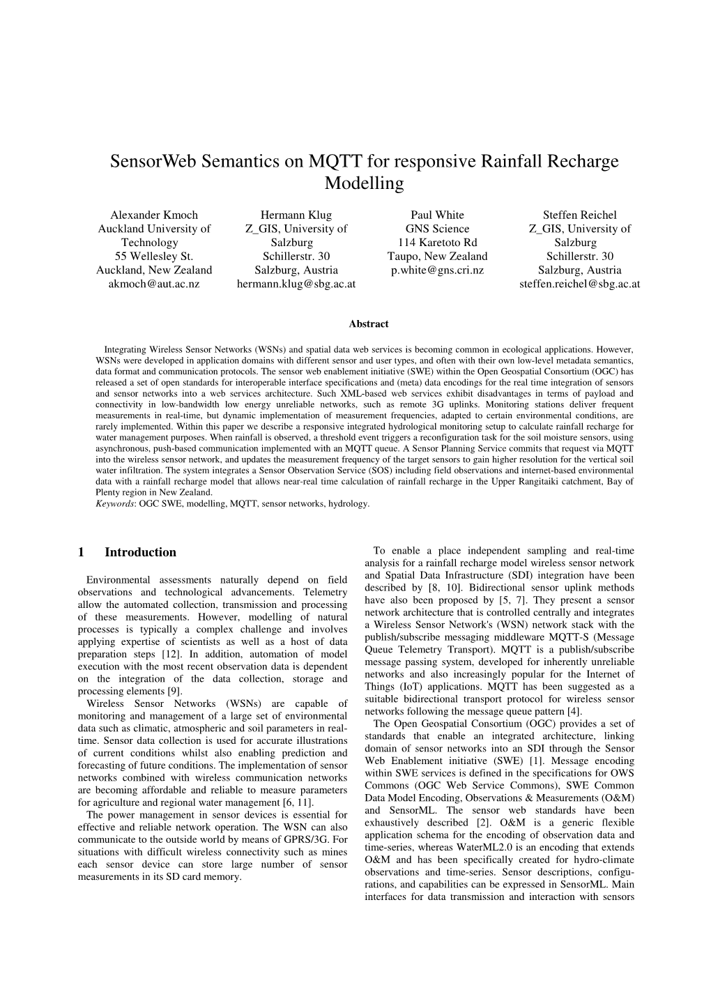 Sensorweb Semantics on MQTT for Responsive Rainfall Recharge Modelling